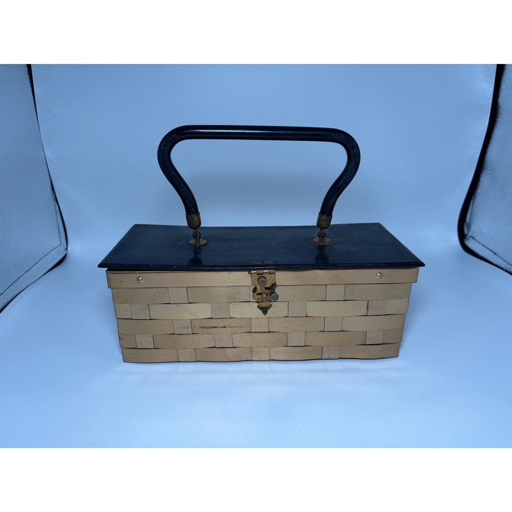 Vintage Woven Metal Box Clutch with Black Handle | Mid Century Evening Handbag